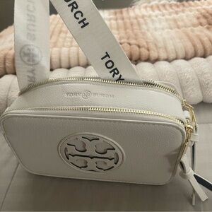 Tory Burch White Leather Logo Crossbody Camera Bag